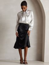 [Light Gray] SilkSilky-UK 19Momme Stretch Silk Charmeuse Long Sleeve Tie Neck Blouse 007