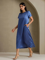[Real Teal] SilkSilky-UK Short Sleeve Crew Neck Dress 007