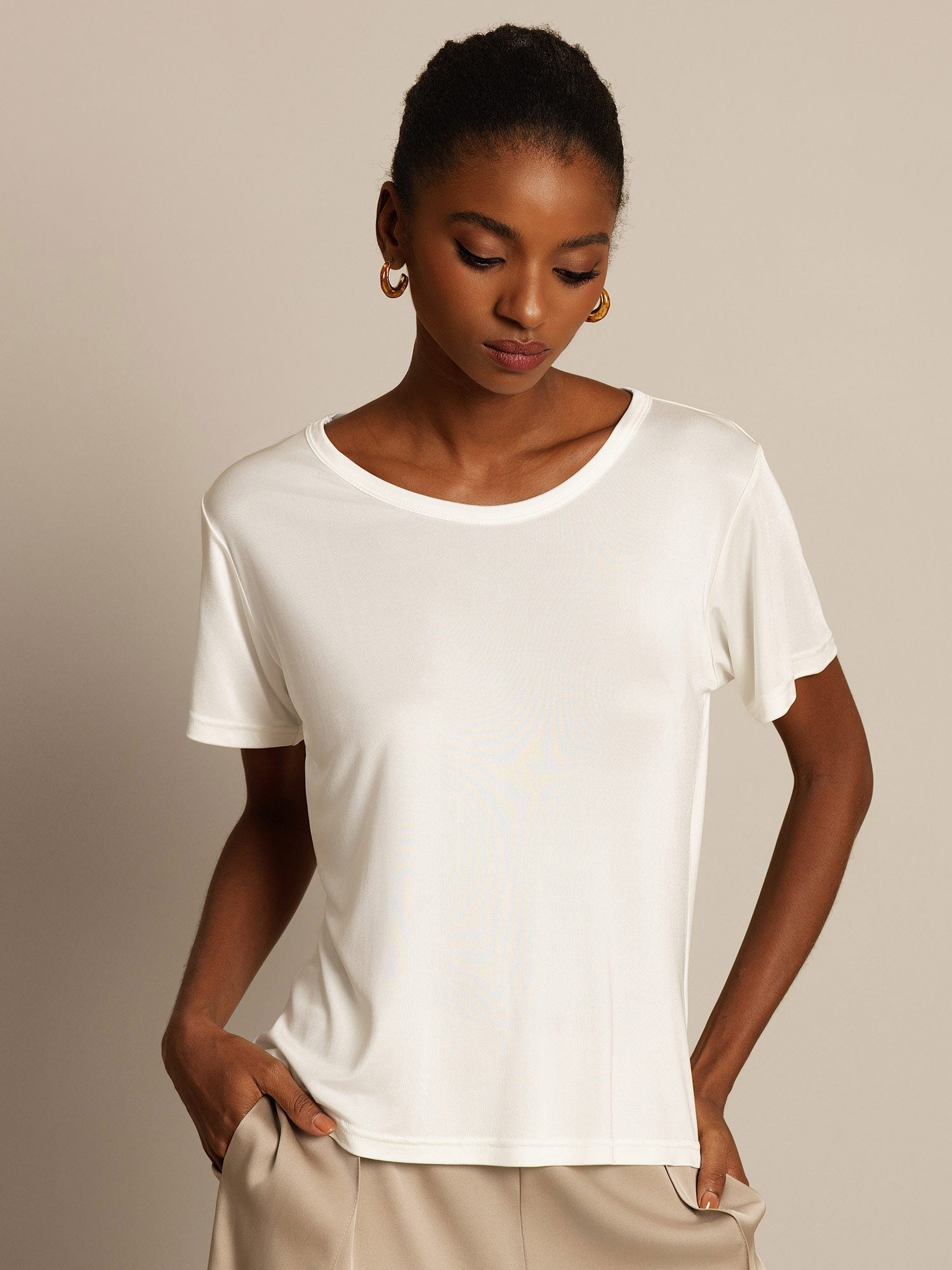 [White] SilkSilky-UK 100% Silk Jersey Short Sleeve Round Neck Women's T-Shirt 001