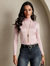 [Coral Pink] SilkSilky-UK Silk Jersey Long Sleeve Turtle Neck Women's T-Shirt 003