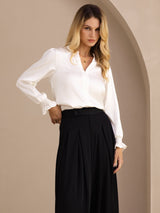[White] SilkSilky-UK Long Sleeve Split Women's Blouse 004