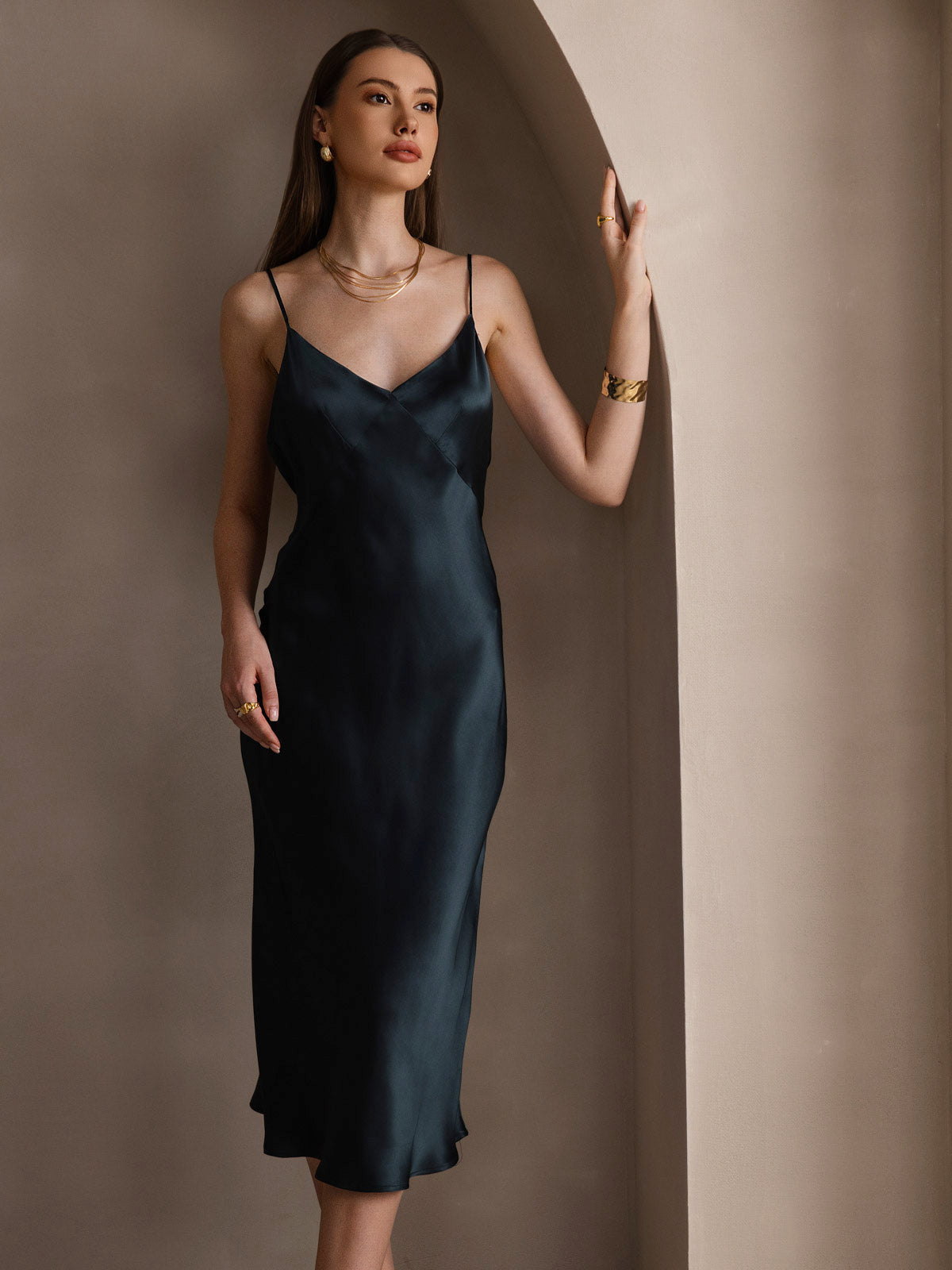 [Dark Green] SilkSilky-UK 19Momme Pure Silk V Neck Dress 005