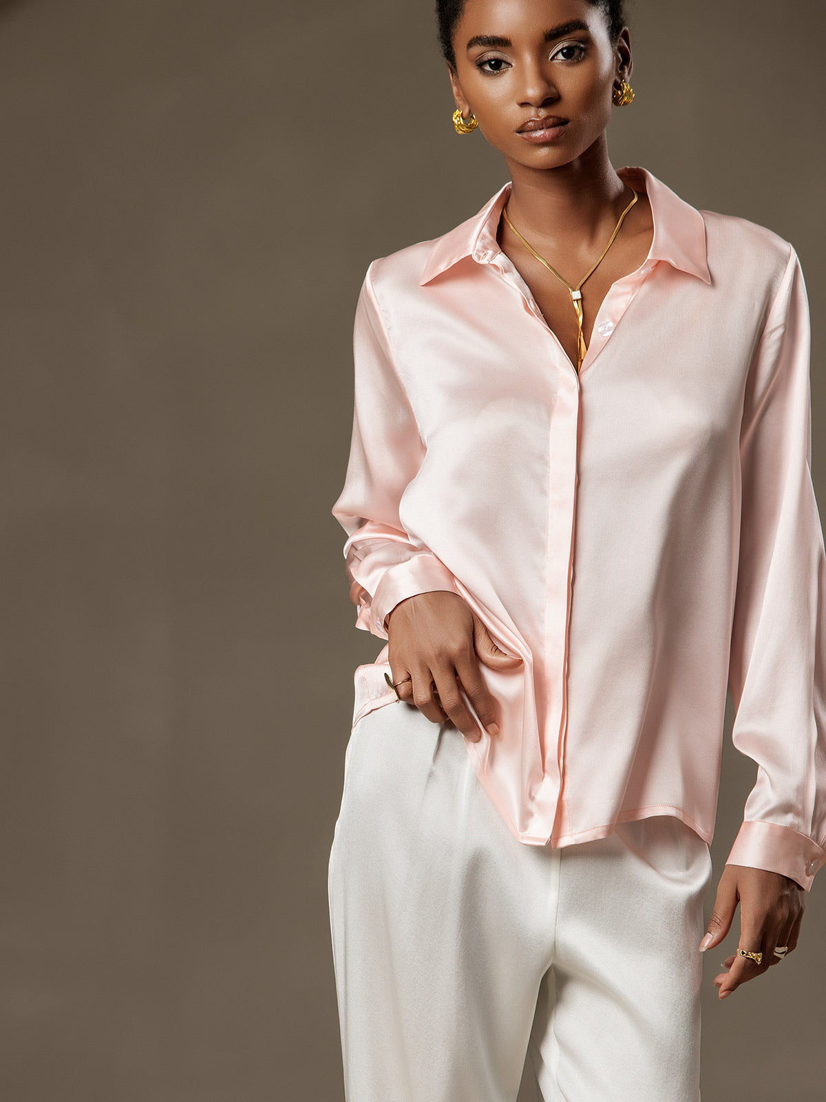 [Pink] SilkSilky-UK 19Momme Silk Collar Women's Shirt 003