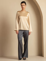 [Champagne] SilkSilky-UK Long Sleeve Boat Neck Blouse 007