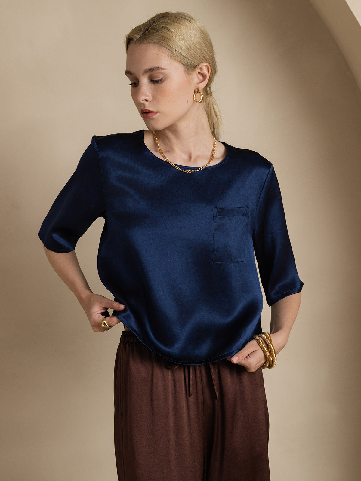 SilkSilky-UK Pure Silk Half Sleeve Boat Neck Women's T-Shirt DarkBlue 005