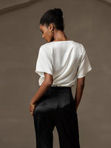 [White] SilkSilky-UK Short Sleeve Cowl Neck Women's Blouse 002