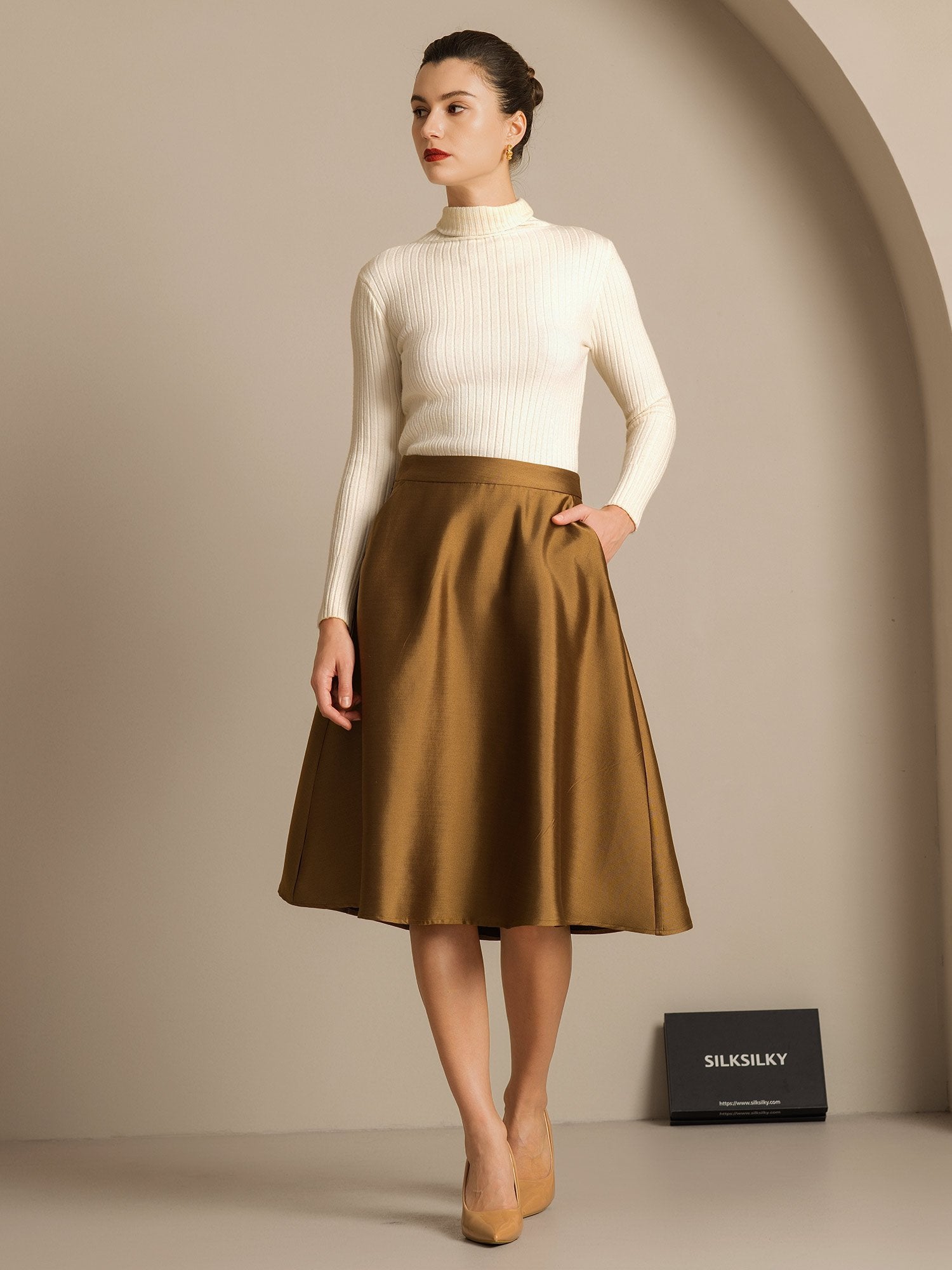 [Bronze] SilkSilky-UK 32Momme Silk-Wool Blend Skirt 005,