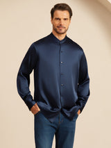 [Dark Blue] SilkSilky-UK Long Sleeve Stand Collar Men''s Shirt 004