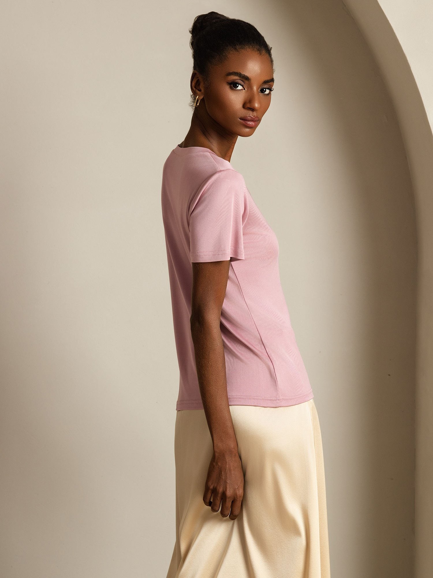 [PaleMauve] SilkSilky-UK Pure Silk V Neck Women's T-Shirt 006