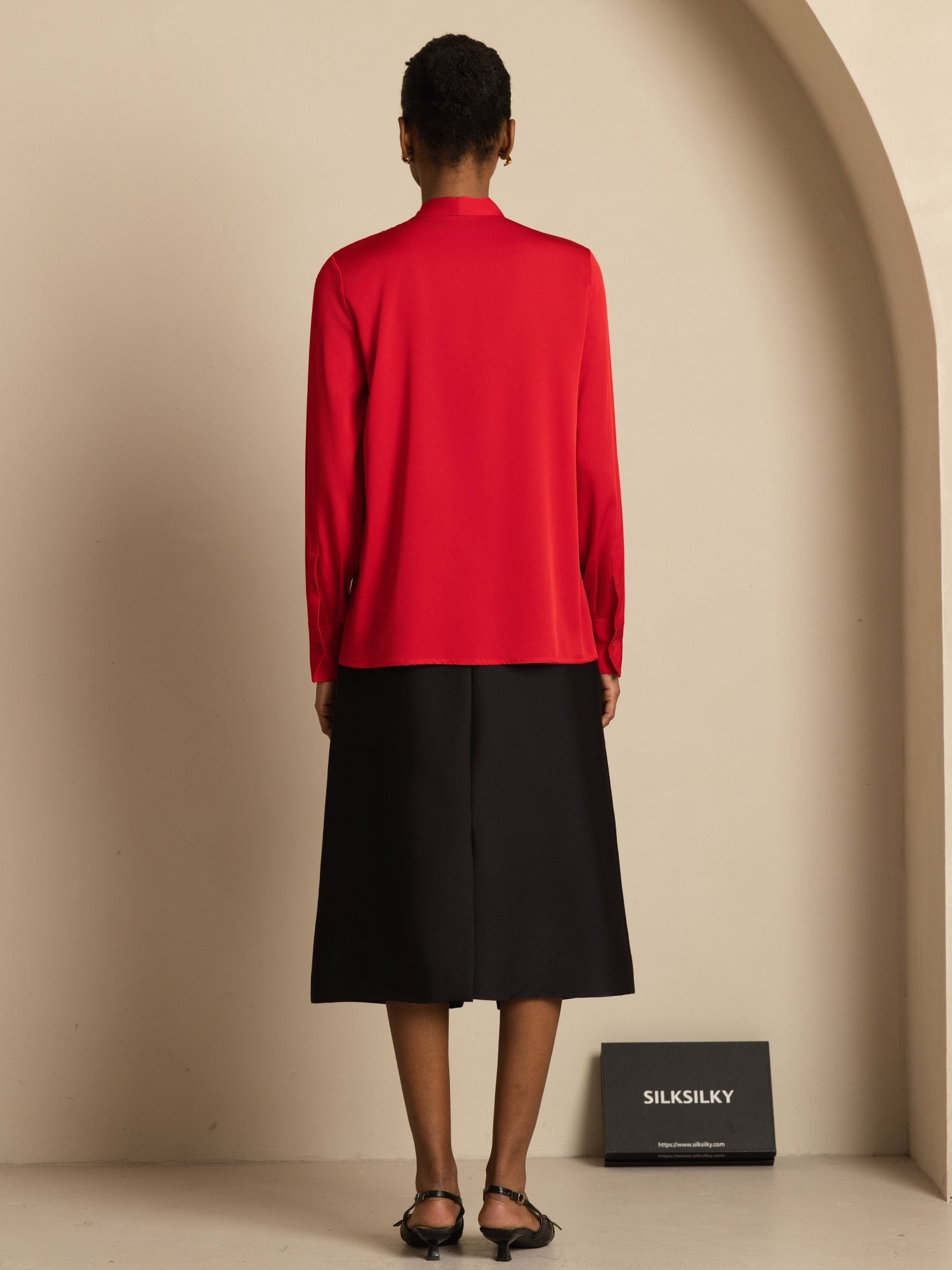 [Wine] SilkSilky-UK 19Momme Silk Long Sleeve Tie Neck Blouse 002