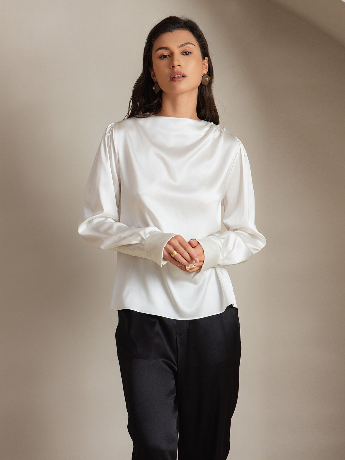 [White] SilkSilky-UK 19Momme Silk Boat Neck Women's Shirt 005