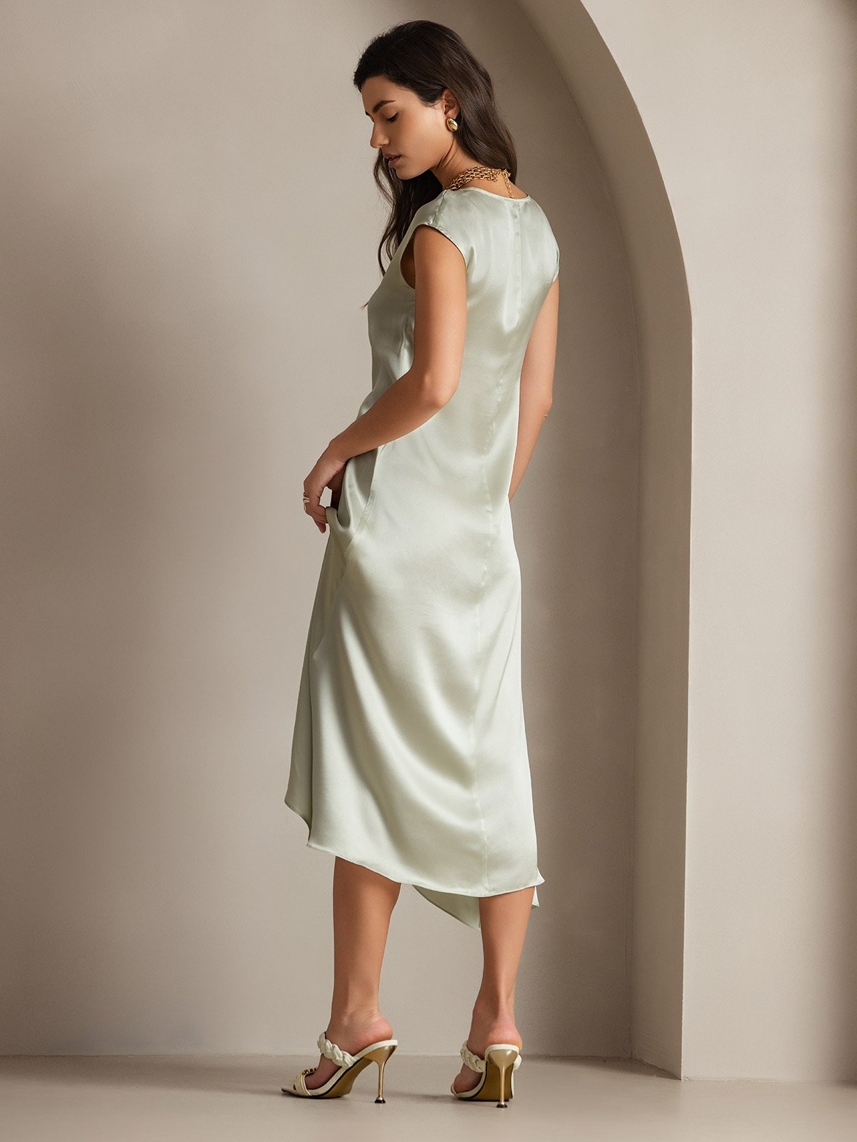 [Light Green] SilkSilky-UK 19Momme Silk Cap Sleeve Round Neck Dress 002