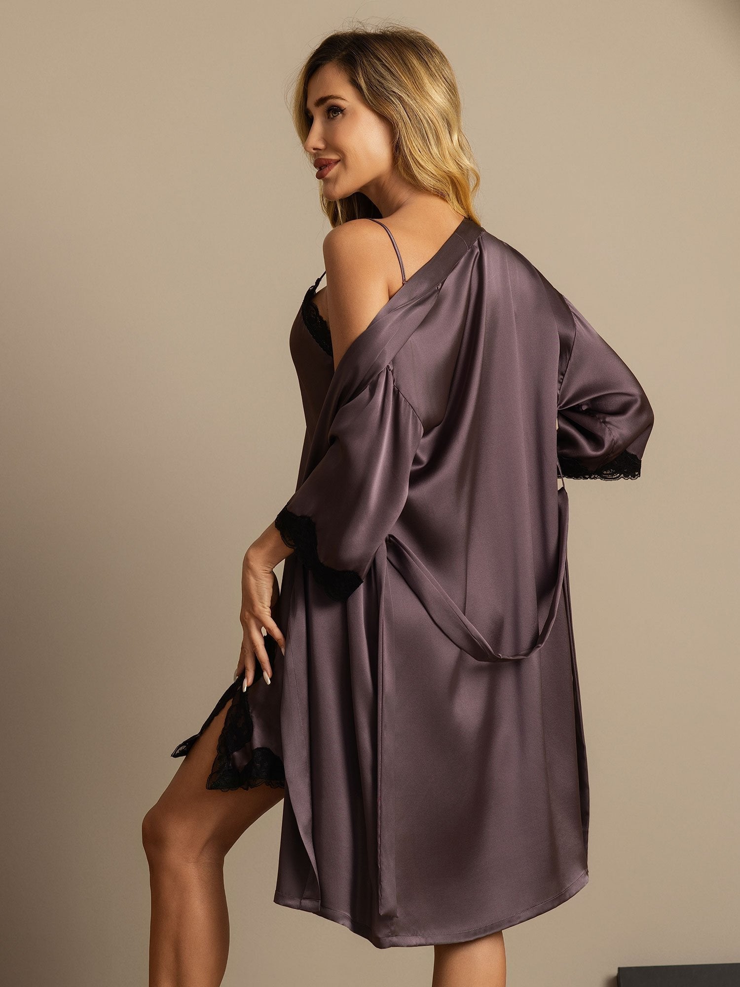 [PurpleGray] SilkSilky-UK Pure Silk V Neck Nightdress&Dressing gowns 002