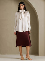[Light Gray] SilkSilky-UK Long Sleeve Tie Neck Women's Blouse 006