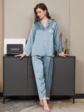 SilkSilky UK Pure Silk Long Sleeve Lapel Women's Pyjamas SteelBlue 004