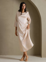 [Beige] SilkSilky-UK 3/4 Sleeve Round Neck Dress 005