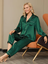 [Green] SilkSilky-UK Long Sleeve Lapel Collar Women's Pyjamas 005