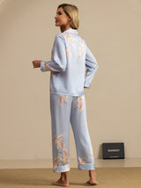 [Light Blue] SilkSilky-UK Long Sleeve Lapel Collar Women's Pyjamas 002