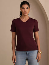 [Wine] SilkSilky-UK Short Sleeve V Neck Women's T-Shirt 003