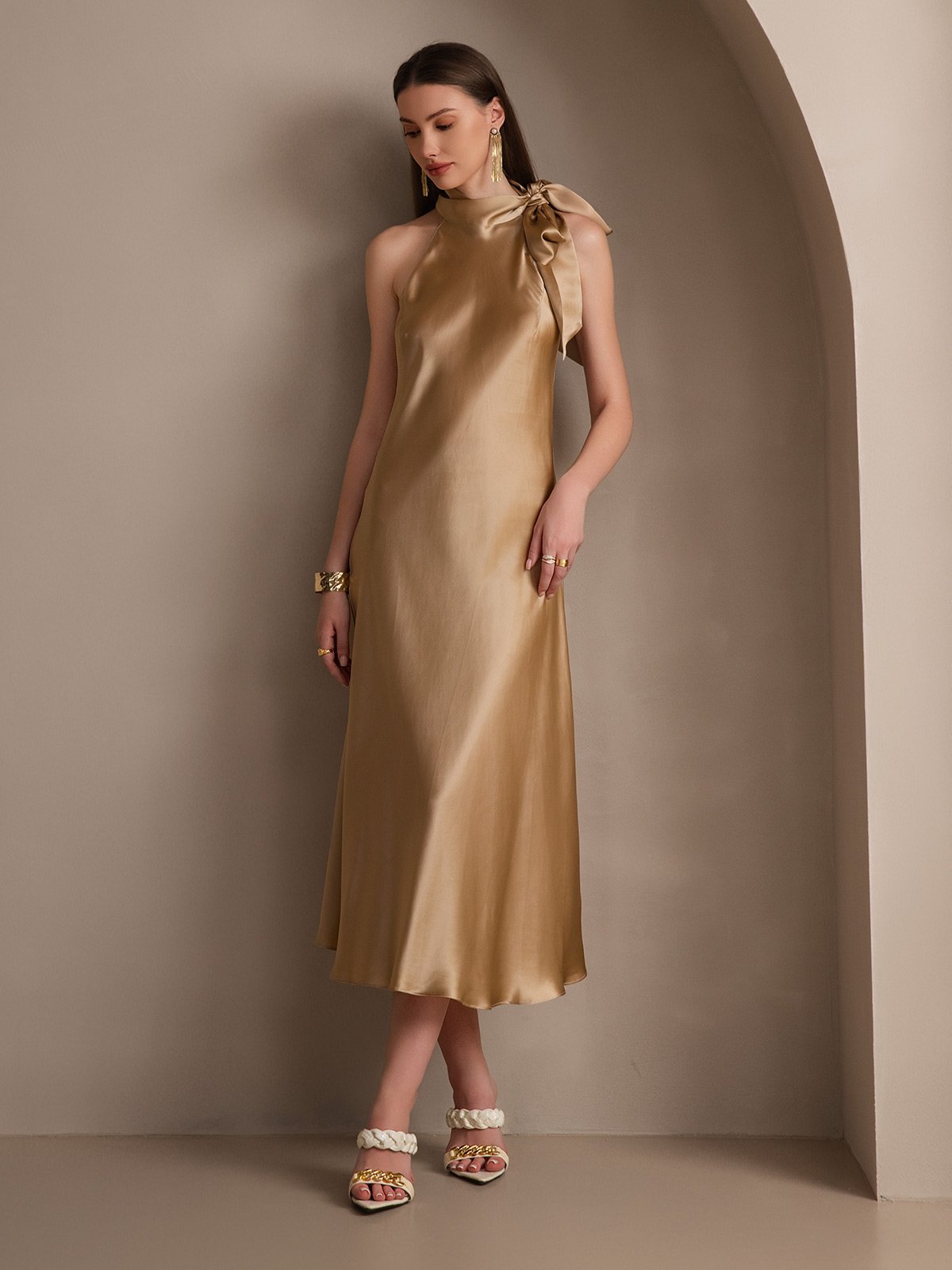 [Champagne] SilkSilky-UK 19Momme Silk Sleeveless Tie Neck Dress 007
