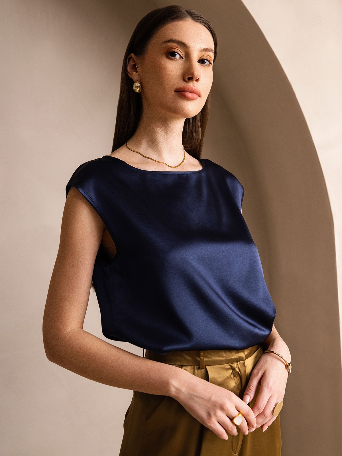 [Dark Blue] SilkSilky-UK 19Momme Silk Round Neck Women's T-Shirt 003