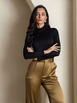 [Black] SilkSilky-UK Silk Jersey Long Sleeve Turtle Neck Women's T-Shirt 004