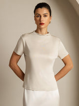 [Gray] SilkSilky-UK Silk Knitted Short Sleeve Mock Neck Women's T-Shirt 001