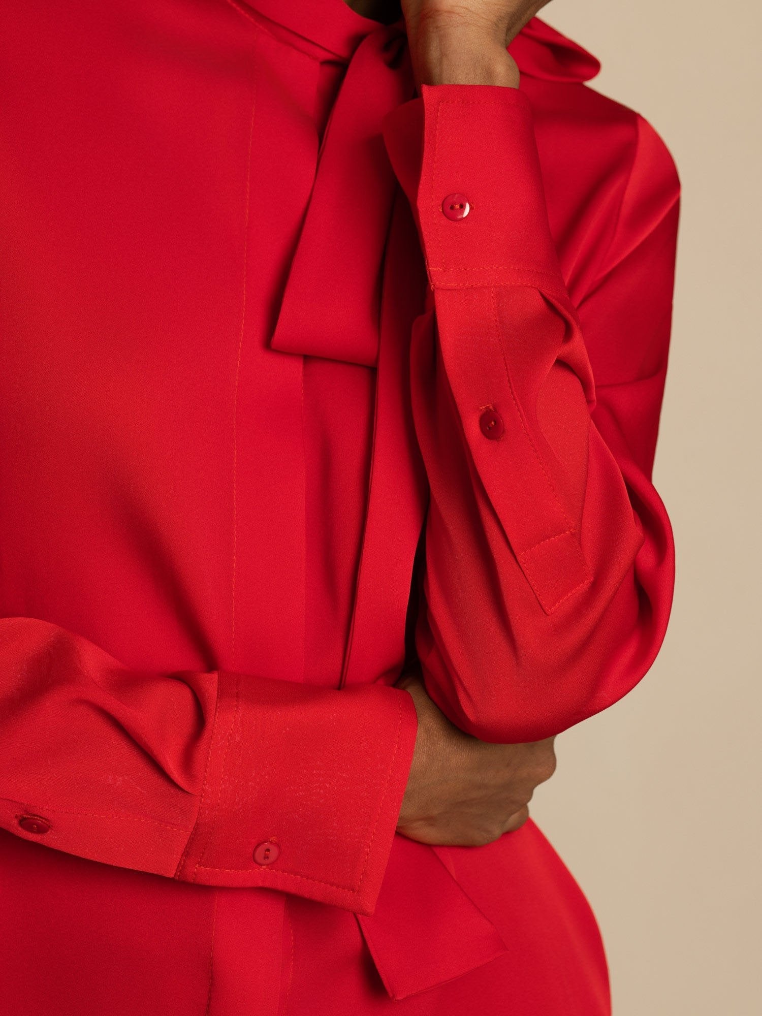 [Wine] SilkSilky-UK 19Momme Silk Long Sleeve Tie Neck Blouse 005