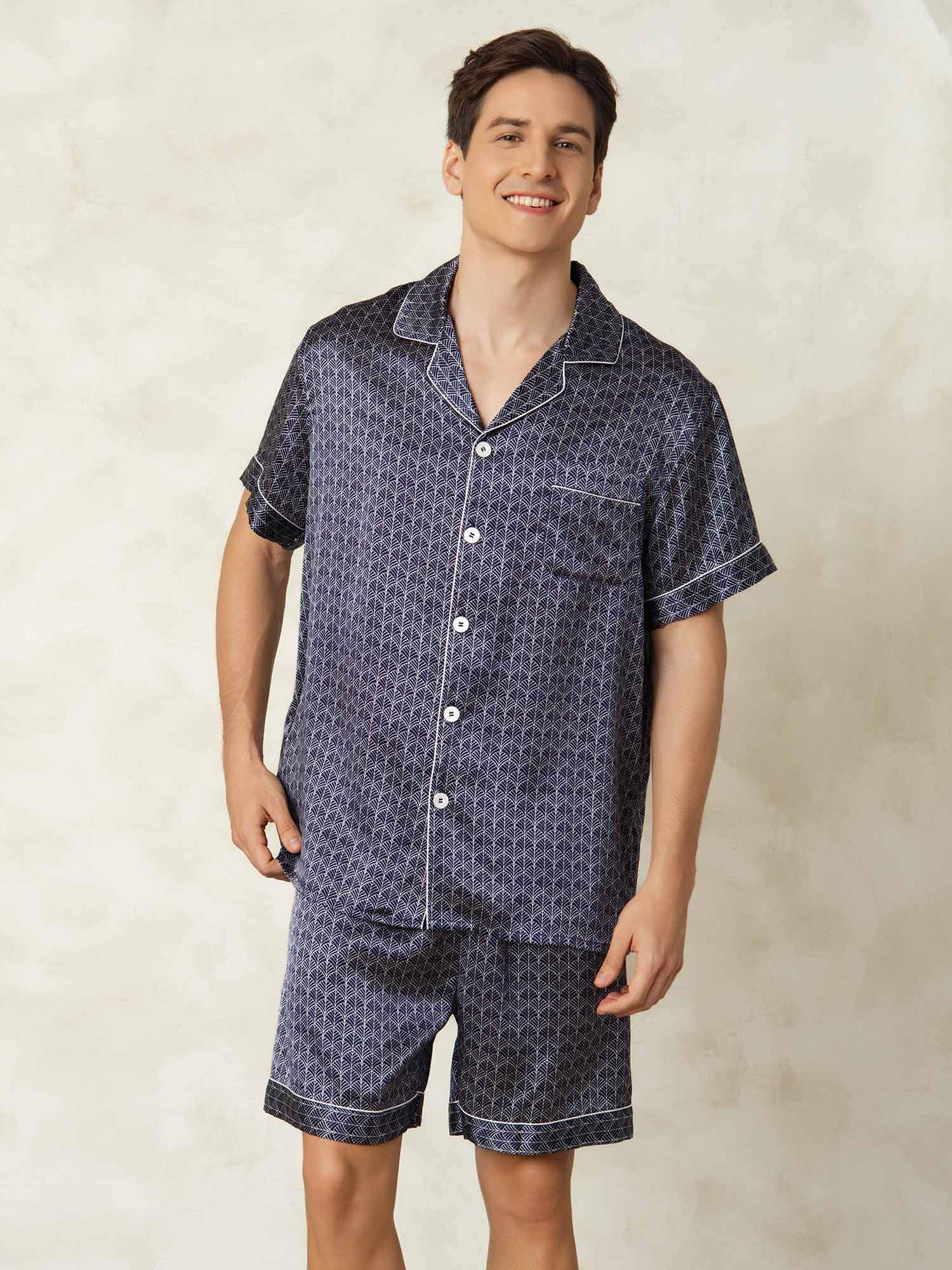 [NavyGinkgo] SilkSilky-UK Pure Silk Collar Men's Pyjamas 005
