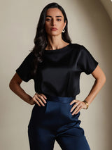 [Black] SilkSilky-UK Short Sleeve Boat Neck Women's T-Shirt 003