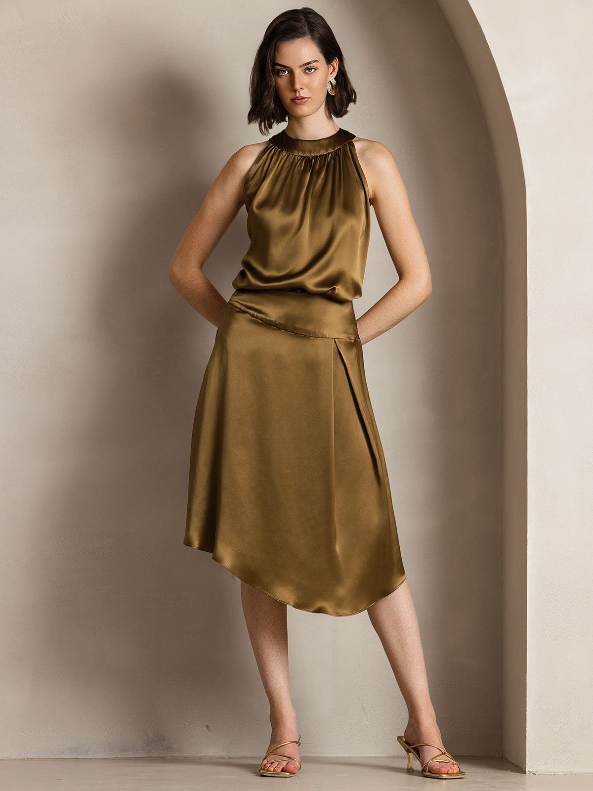 [Brown] SilkSilky-UK 19Momme Silk Sleeveless Halter Neck Women's T-Shirt 005