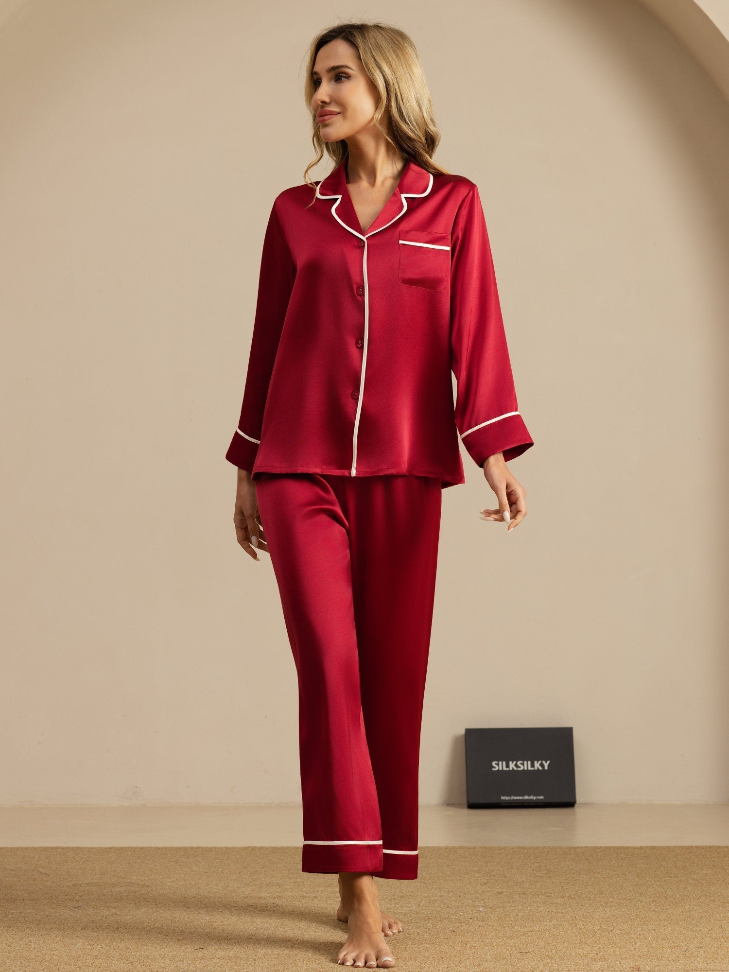 [Wine] SilkSilky-UK Long Sleeve Notch Collar Women's Pyjamas 003