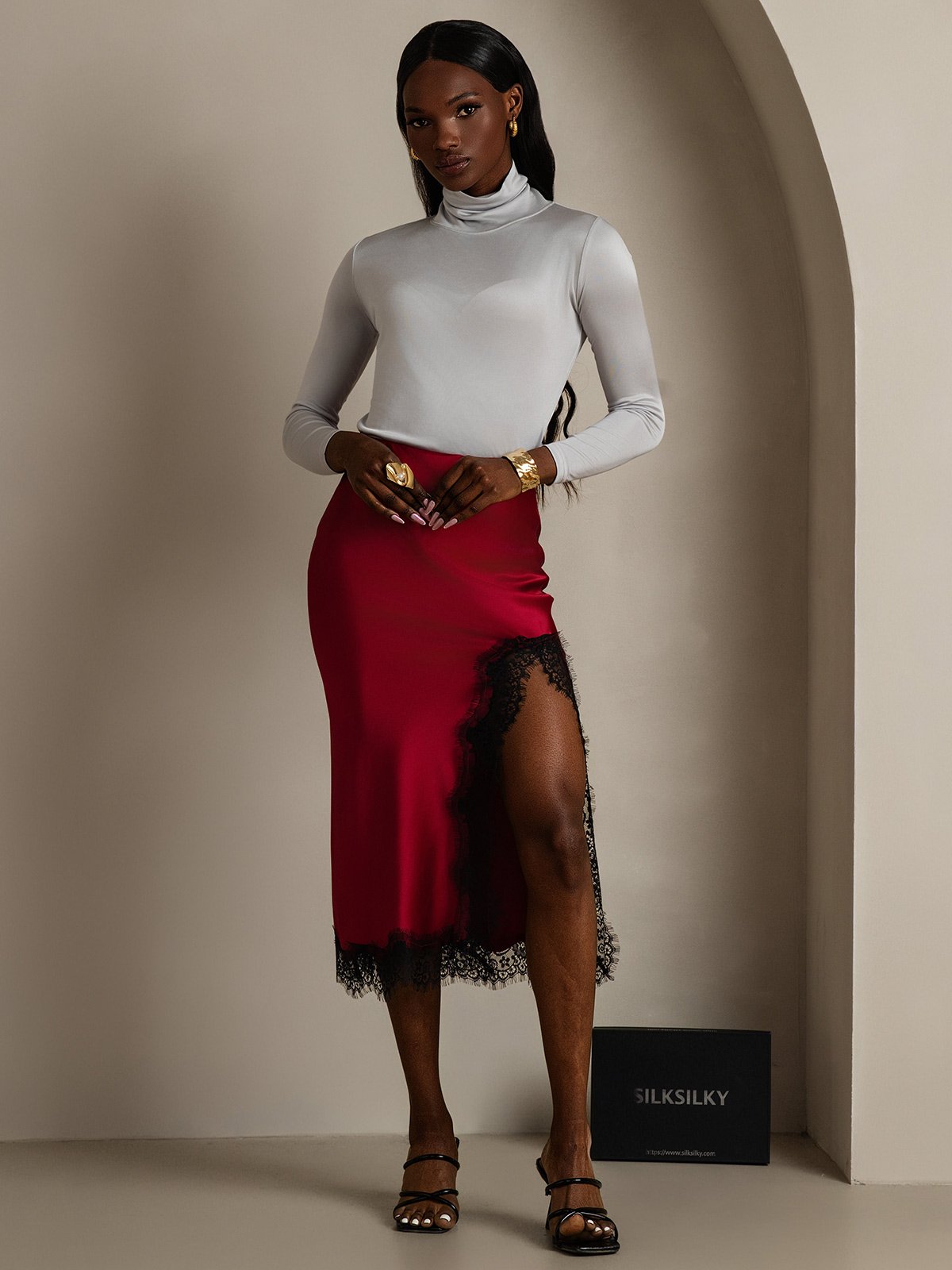 [Wine] SilkSilky-UK 19Momme Silk Split Skirt 005