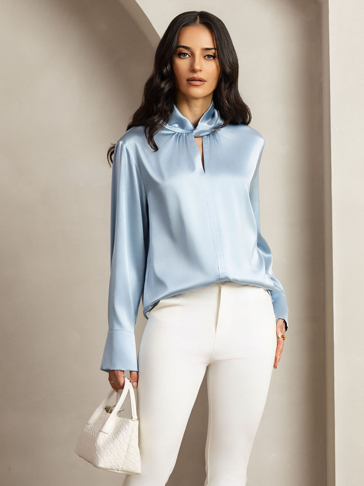 [GrayishBlue] SilkSilky-UK 19Momme Silk Keyhole Neck Women's Shirt 001