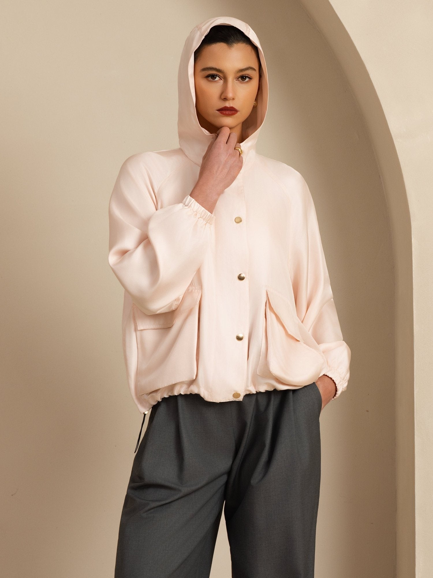 [Pink] SilkSilky-UK Silk Satin Surah Long Sleeve High Neck Women's Outerwear 005