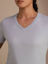 [Grayish Blue] SilkSilky-UK Short Sleeve V Neck Women's T-Shirt 004