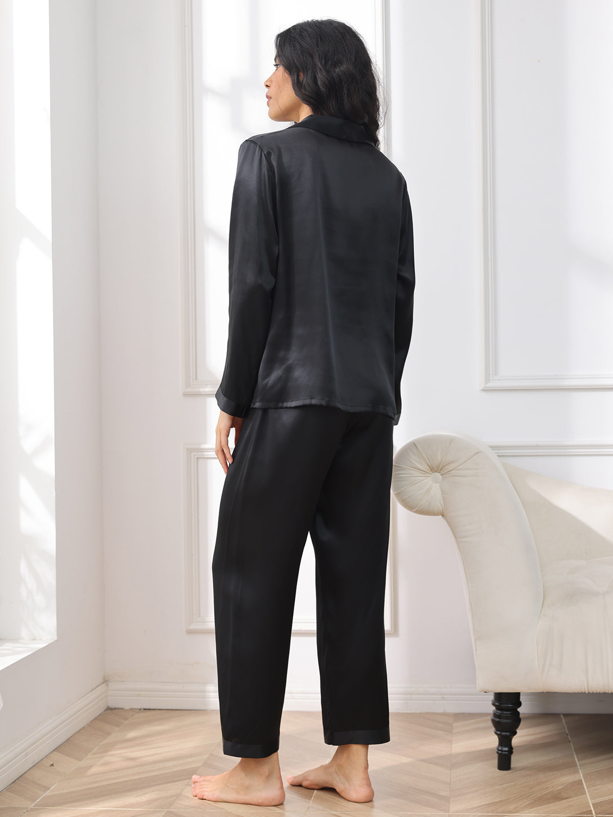 SilkSilky-UK Pure Silk Long Sleeve Lapel Women's Pyjamas Black 002