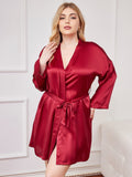 SilkSilky-UK Pure Silk Long Sleeve V Neck Plus Size Dressing Gown Wine 004