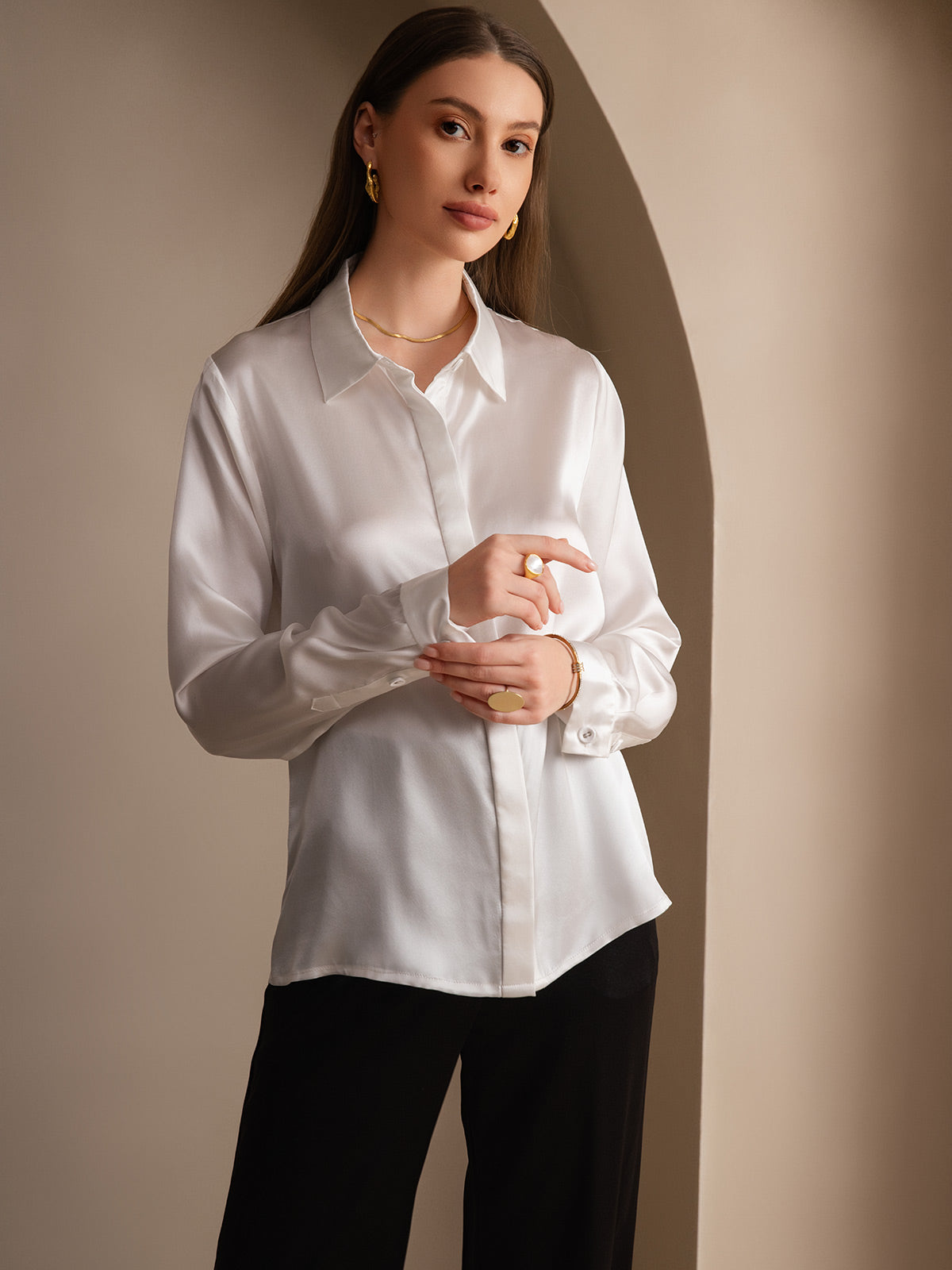 SilkSilky-UK 19Momme Silk Long Sleeve Collar Women's Shirt White 005