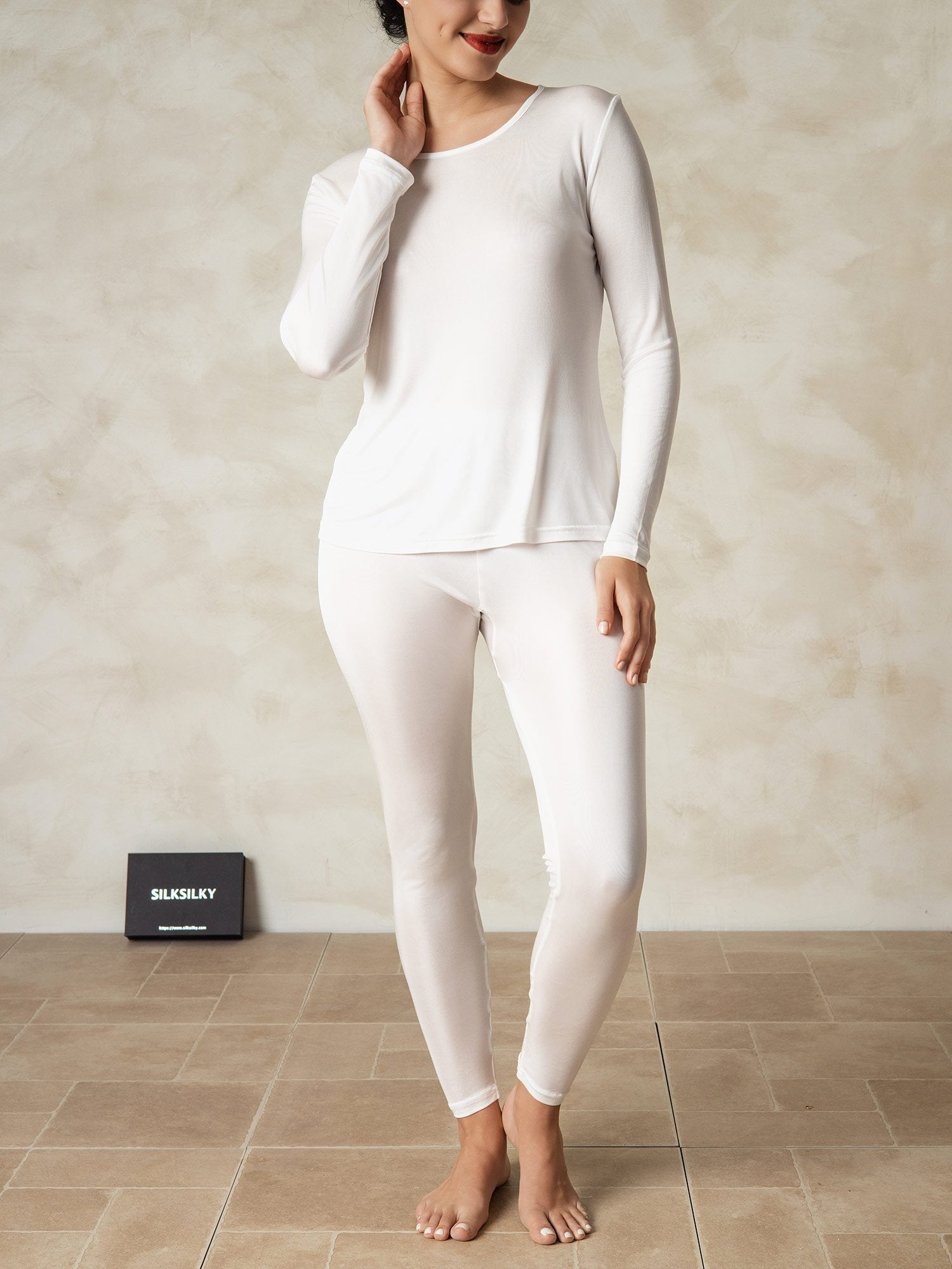 [White] SilkSilky-UK Silk Knitted Round Neck Long Johns 003