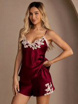 [Wine] SilkSilky-UK Spaghetti Strap V Neck Camisole Set 005