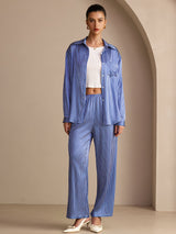 [Blue Pinstripe] SilkSilky-UK Long Sleeve Lapel Collar Women's Outfit Sets 007