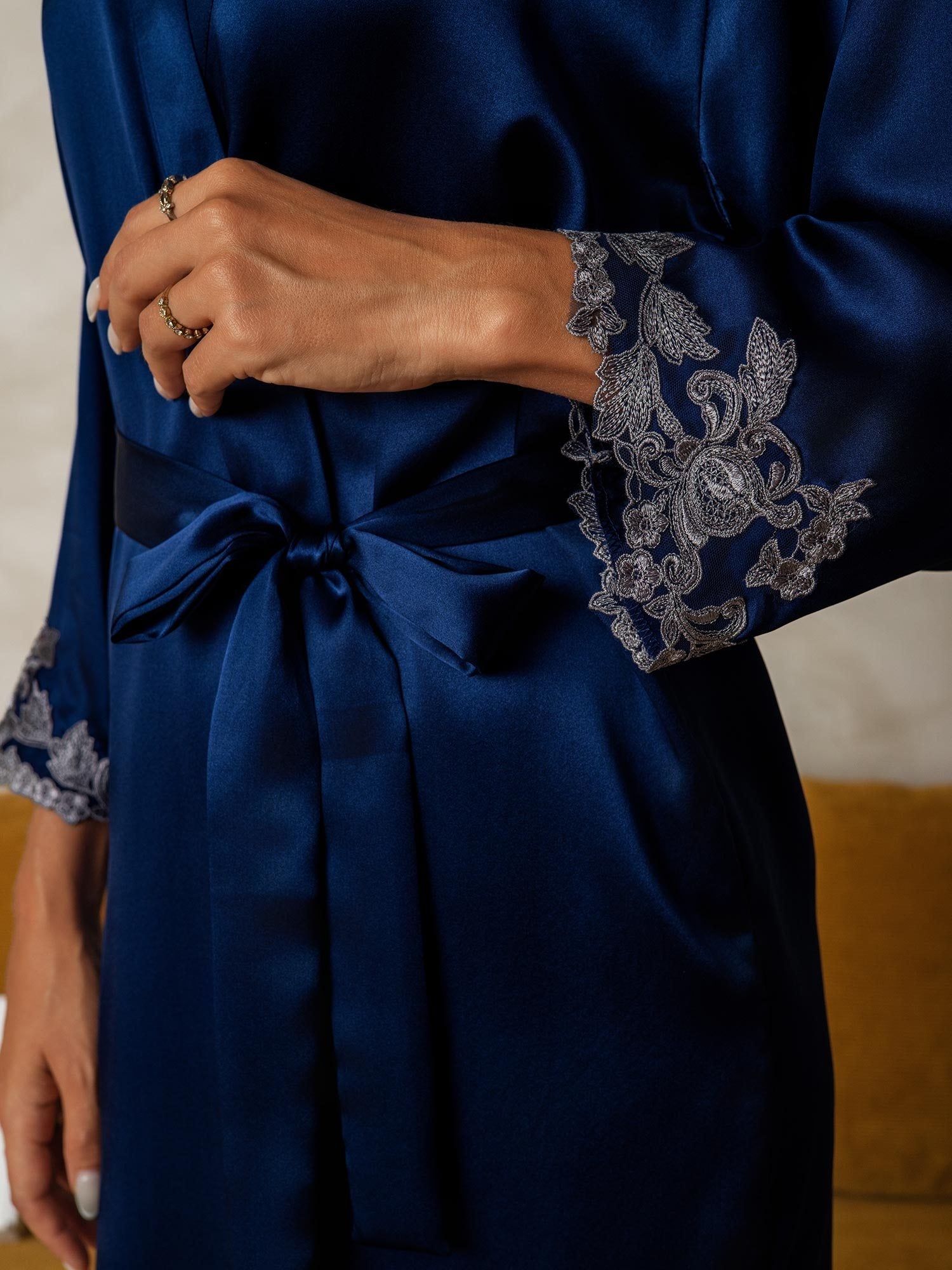 [Dark Blue] SilkSilky-UK Pure Silk Wrap Women's Dressing Gown 003