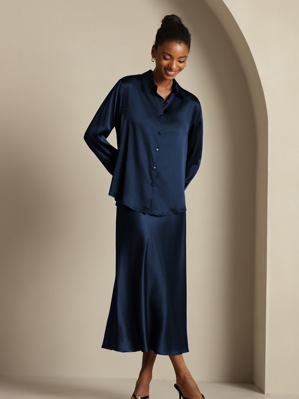 [Dark Blue] SilkSilky-UK 19Momme Silk Knitted Collar Women''s Outfit Sets 004,