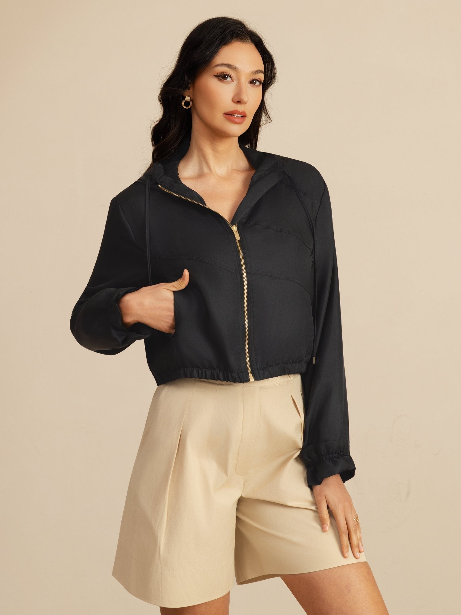 [Black] SilkSilky-UK 18Momme Silk Satin Surah Long Sleeve High Neck Women's Outerwear 004