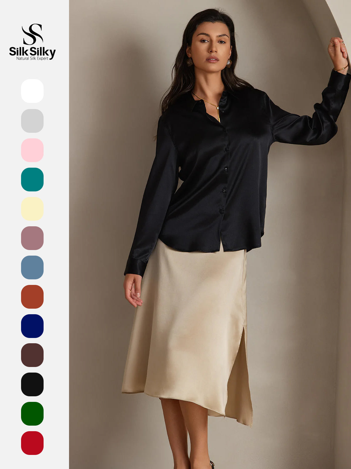 [Black] SilkSilky-UK Silk Long Sleeve Collar Women's Shirt 001