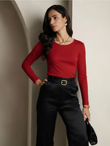 [Wine] SilkSilky-UK Silk Jersey Long Sleeve Round Neck Women's T-Shirt 001
