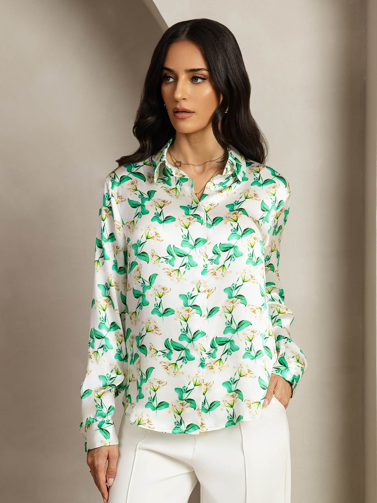 [Green Floral] SilkSilky-UK Silk Long Sleeve Collar Women's Shirt 007