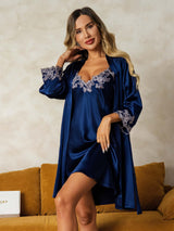 [Dark Blue] SilkSilky-UK 3/4 Sleeve V Neck Nightdress&Dressing gowns 001