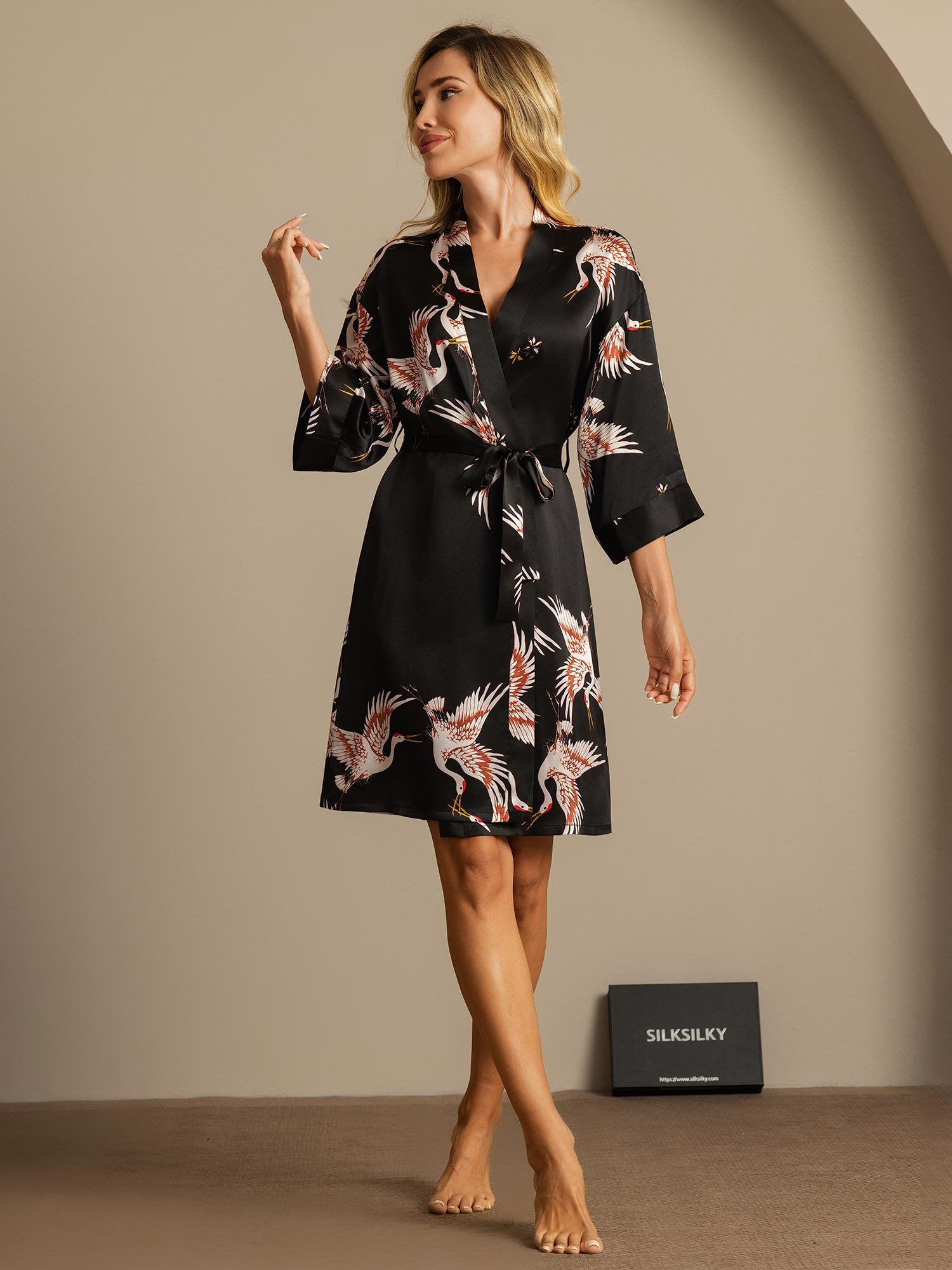 [Black] SilkSilky-UK 19Momme Pure Silk Wrap Women's Dressing Gown 005